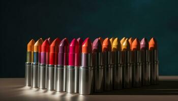 une vibrant collection de multi coloré rouges à lèvres pour glamour beauté généré par ai photo