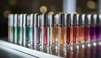 une collection de brillant, multi coloré beauté des produits dans verre bouteilles généré par ai photo