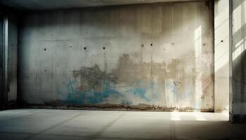 sombre, vide couloir avec coloré béton des murs et rouillé métal plafond généré par ai photo