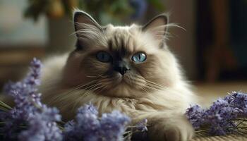 mignonne chaton séance en plein air, à la recherche à caméra avec espiègle yeux généré par ai photo