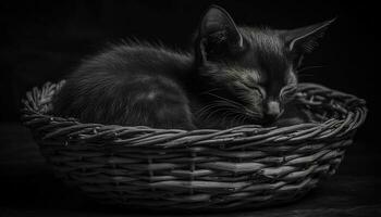 mignonne chaton, petit et duveteux, en train de dormir dans une confortable panier généré par ai photo