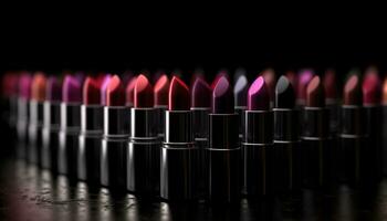 une vibrant collection de multi coloré rouges à lèvres dans une rangée généré par ai photo