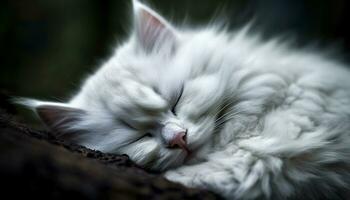 mignonne chaton dormant, fourrure douceur, moustache proche en haut, yeux fermé, relaxation généré par ai photo