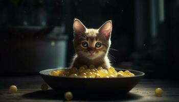 mignonne chaton séance, à la recherche à caméra, en mangeant de bol à l'intérieur généré par ai photo