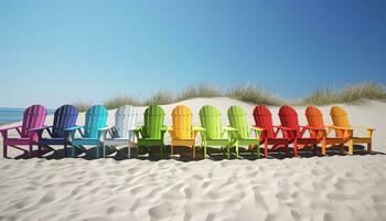 bleu chaise sur sablonneux plage, en dessous de clair ciel, parfait été vacances généré par ai photo