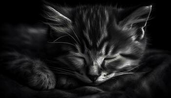 mignonne chaton dormant, fourrure douceur, moustache proche en haut, charmant animal portrait généré par ai photo