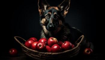 mignonne allemand berger chiot séance dans une panier, à la recherche à caméra généré par ai photo