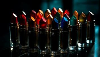 une vibrant collection de multi coloré rouges à lèvres dans une rangée généré par ai photo