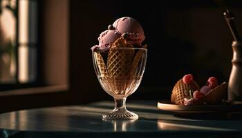 fait maison la glace crème sundae sur en bois tableau, une sucré indulgence généré par ai photo