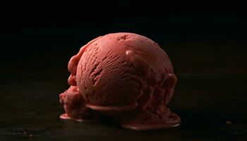 sucré rose la glace crème Balle sur une en bois plaque, été indulgence généré par ai photo