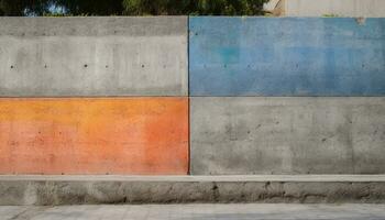 vieux béton bâtiment avec patiné bleu peindre et rouillé métal décoration généré par ai photo