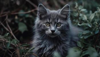 mignonne chaton séance dans herbe, à la recherche à caméra avec bleu yeux généré par ai photo