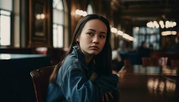 une Jeune femme séance à l'intérieur, à la recherche à caméra avec confiance généré par ai photo