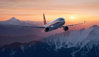 avion en volant plus de Montagne intervalle à coucher de soleil, prise de milieu air généré par ai photo