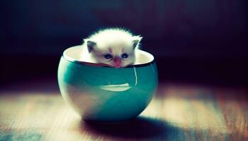 mignonne chaton avec bleu yeux, séance et regarder à caméra généré par ai photo