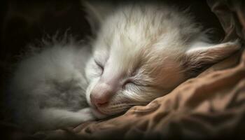 mignonne chaton en train de dormir pacifiquement sur une doux couverture en plein air généré par ai photo
