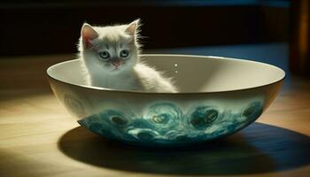 mignonne chaton séance, en regardant, espiègle, duveteux, avec bleu bol proche généré par ai photo