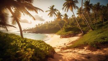 le coucher du soleil plus de paume arbre, tropical sable, paysage, été en plein air les vacances généré par ai photo