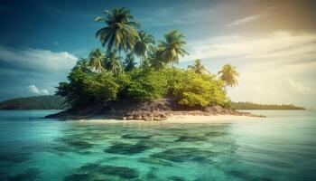 idyllique tropical littoral, paume des arbres se balancer, turquoise des eaux, tranquille le coucher du soleil généré par ai photo