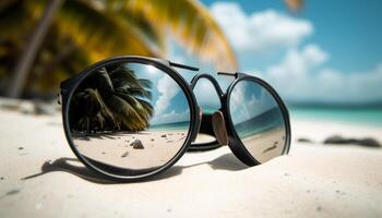 été des lunettes de soleil sur sable, la nature les vacances dans tropical climat littoral bleu généré par ai photo