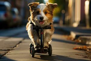 une mignonne chien sur une planche à roulette dans le ville photo