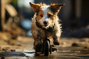 une mignonne chien sur une planche à roulette dans le ville photo