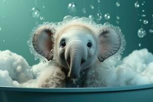 mignonne l'éléphant dans une baignoire avec l'eau gouttes photo