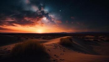 le sable dune paysage à crépuscule, beauté dans nature, tranquille scène généré par ai photo