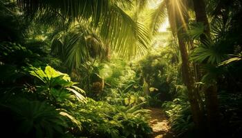 tropical forêt tropicale, paume des arbres, vert feuilles, tranquille scène, bleu l'eau généré par ai photo