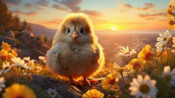 poulet sur une Prairie avec marguerites à le coucher du soleil. photo