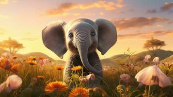 l'éléphant dans le Prairie avec fleurs à le coucher du soleil photo