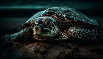 proche en haut de une mignonne mer tortue nager dans le bleu mer généré par ai photo