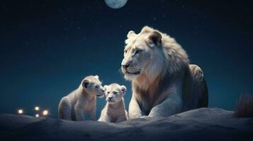 blanc les Lions avec petits dans le nuit photo