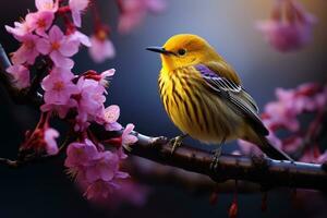 magnifique oiseau sur une branche avec Cerise fleur dans le pluie photo