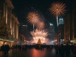 célébrer le Nouveau année, une ville avec feux d'artifice, ai généré photo