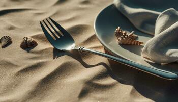 bleu cuillère sur plaque, Fruit de mer le déjeuner par le mer généré par ai photo