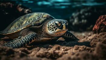 tortue nager dans le bleu eau, une magnifique aquatique créature généré par ai photo