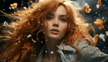 une magnifique Jeune femme avec longue marron cheveux dans l'automne généré par ai photo