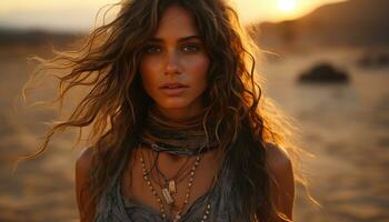 Jeune femme avec longue marron cheveux, permanent sur sable, souriant généré par ai photo