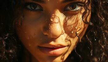 souriant femme avec humide cheveux jouit la nature beauté et fraîcheur généré par ai photo