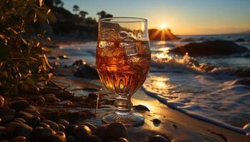 le coucher du soleil boisson en plein air, la nature été eau, de l'alcool crépuscule Soleil en buvant verre généré par ai photo