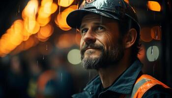 sur de soi Jeune adulte ingénieur travail en plein air, portant casque et barbe généré par ai photo