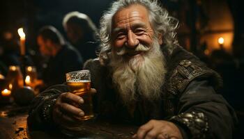 une souriant adulte homme séance en plein air, en buvant Bière par le Feu généré par ai photo
