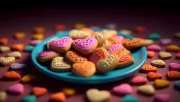 cœur en forme de biscuits dans divers couleurs, une sucré indulgence pour fête généré par ai photo