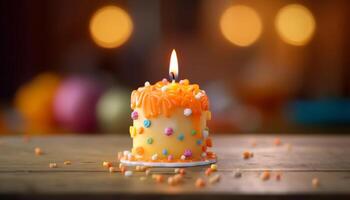 anniversaire fête avec une délicieux gâteau, bougies, et vibrant décorations généré par ai photo