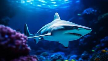 majestueux poisson nager dans Profond bleu mer, sous-marin aventure attend généré par ai photo