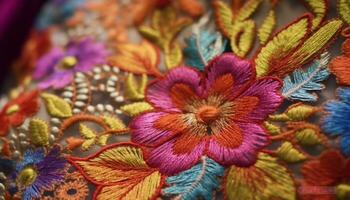 coloré textile décoration, proche en haut artisanat mode, brodé tapis, soie élégance généré par ai photo