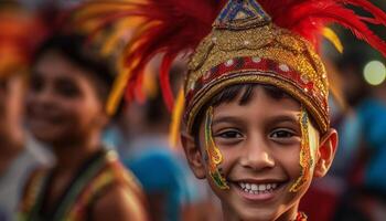 souriant enfant apporte bonheur, amusant, et joie à culturel fête généré par ai photo