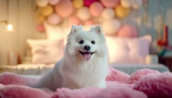 mignonne chiot en jouant sur lit apporte joie à confortable chambre généré par ai photo