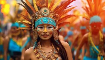 souriant Jeune femmes dans traditionnel Vêtements à une coloré parade généré par ai photo